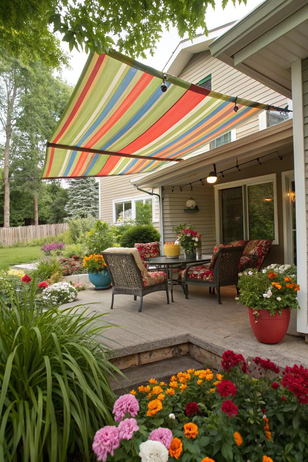 Introduce a splash of color through a vibrant textile awning.