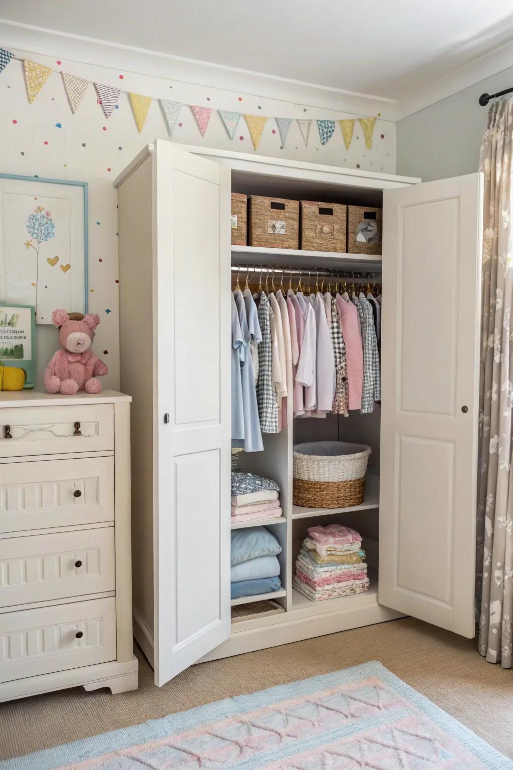An open closet display adds a boutique feel to the nursery.