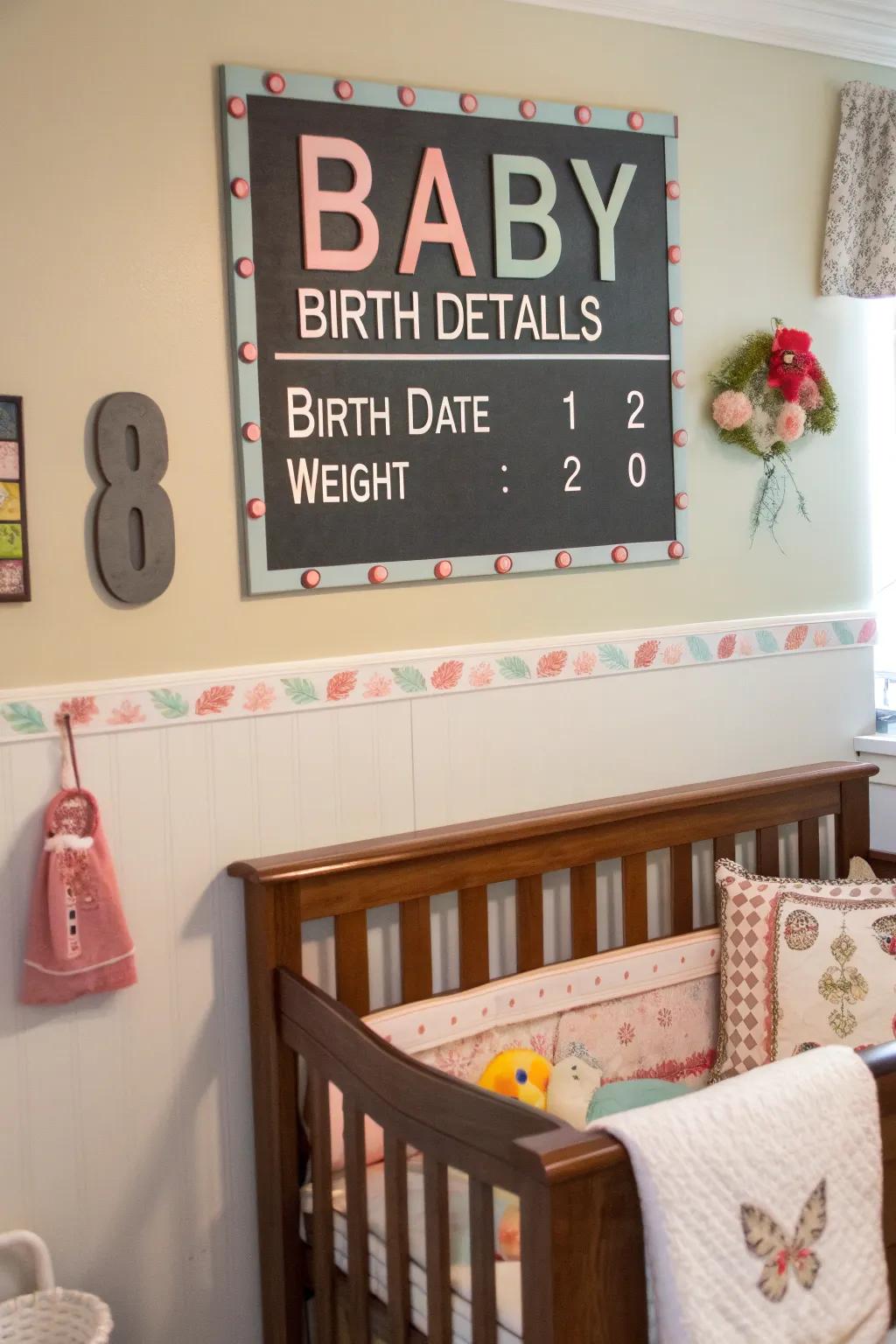 Custom scoreboard art adds a personal, themed touch to the nursery.