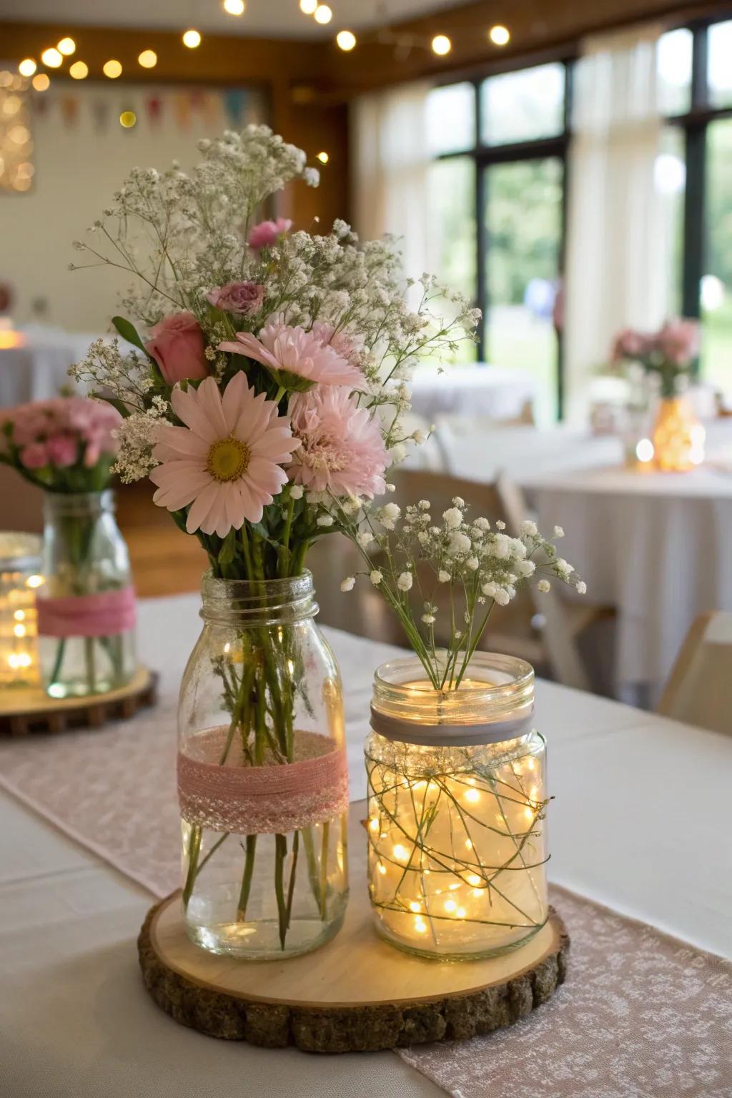 DIY centerpieces with glass containers and twinkle lights create an enchanting table scene.