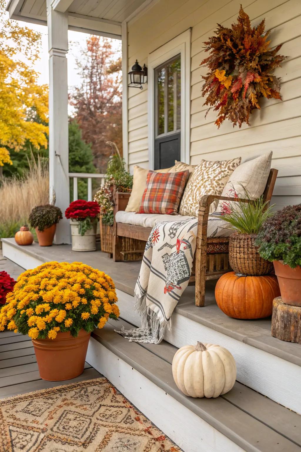 Renew your porch through modifications in seasonal decorations.