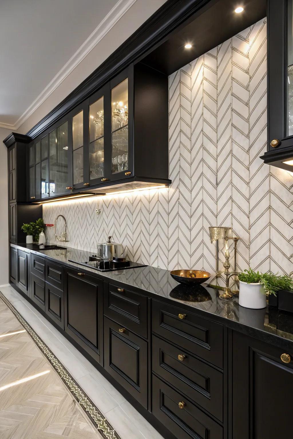 Diagonal patterns add chic sophistication to kitchen designs.