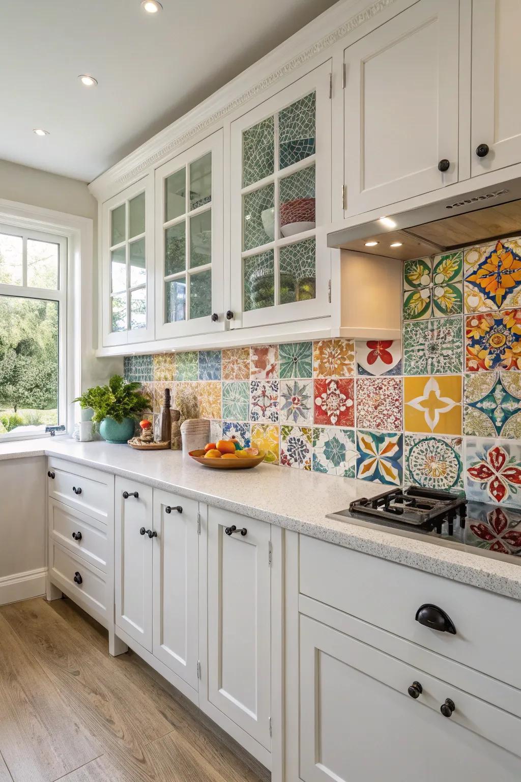 Vibrant porcelain tiles add vibrancy to this white kitchen.