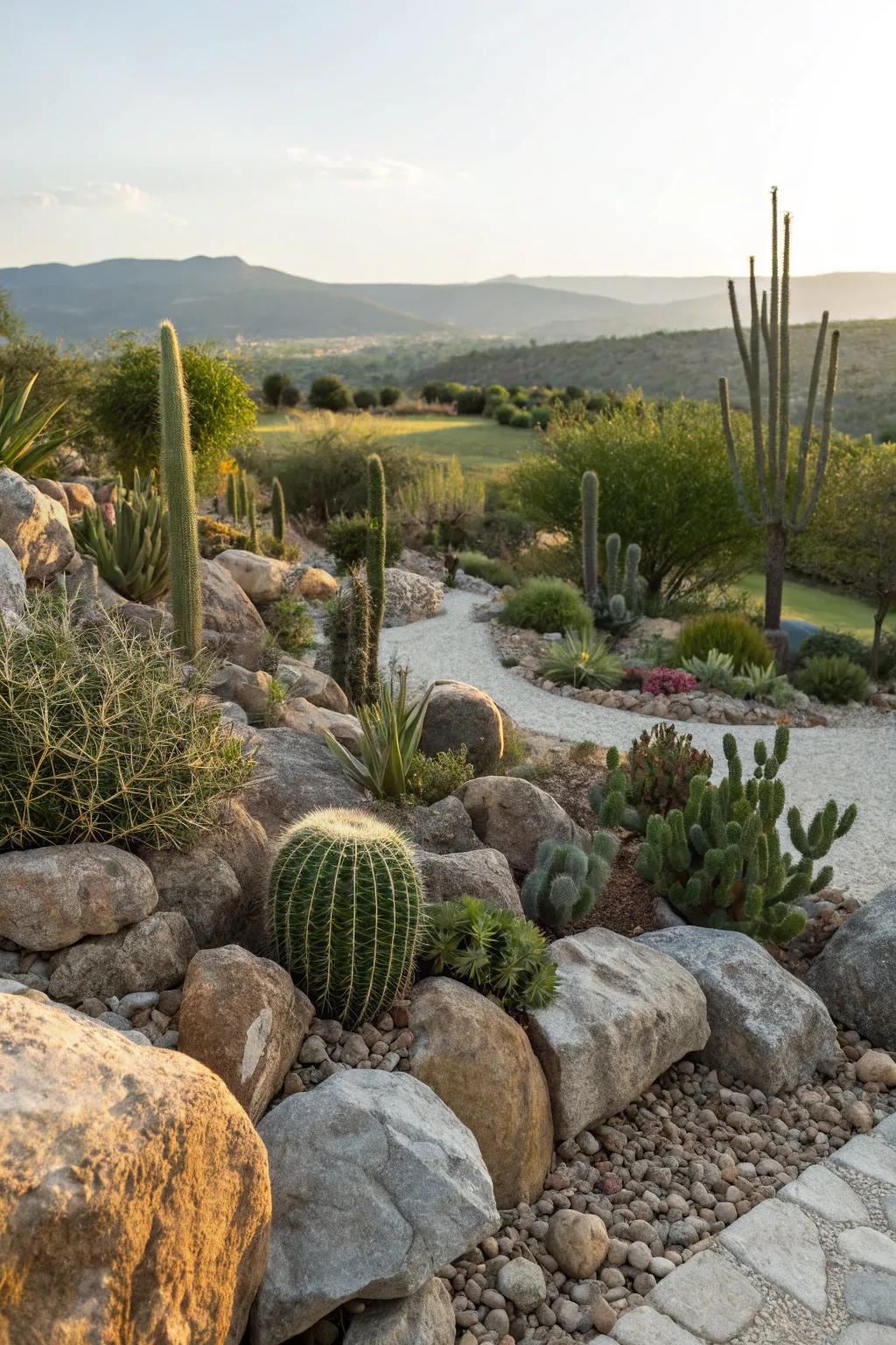 Cacti and rocks work together to create a natural desert feel.