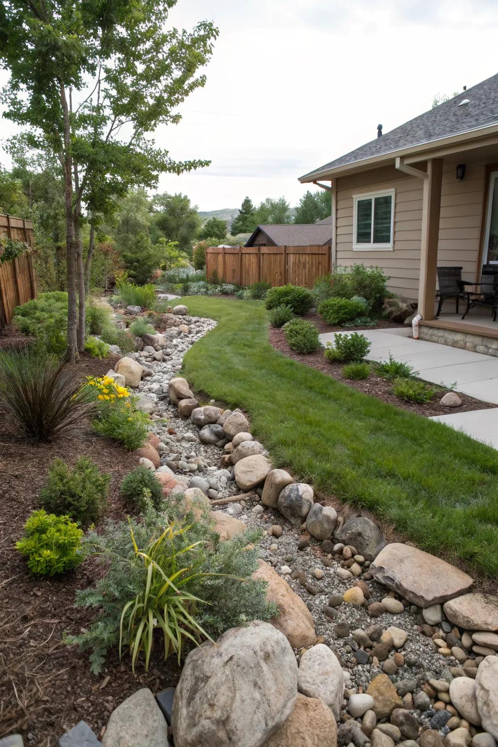 A dry creek bed adds charm and function to a backyard.