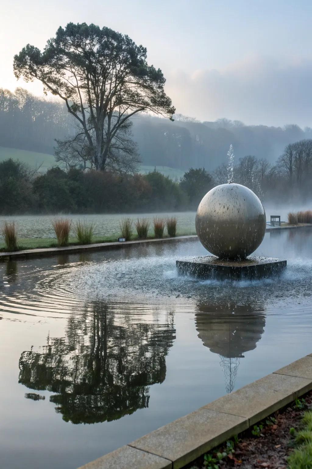 A floating orb fountain adds a touch of intrigue and elegance.