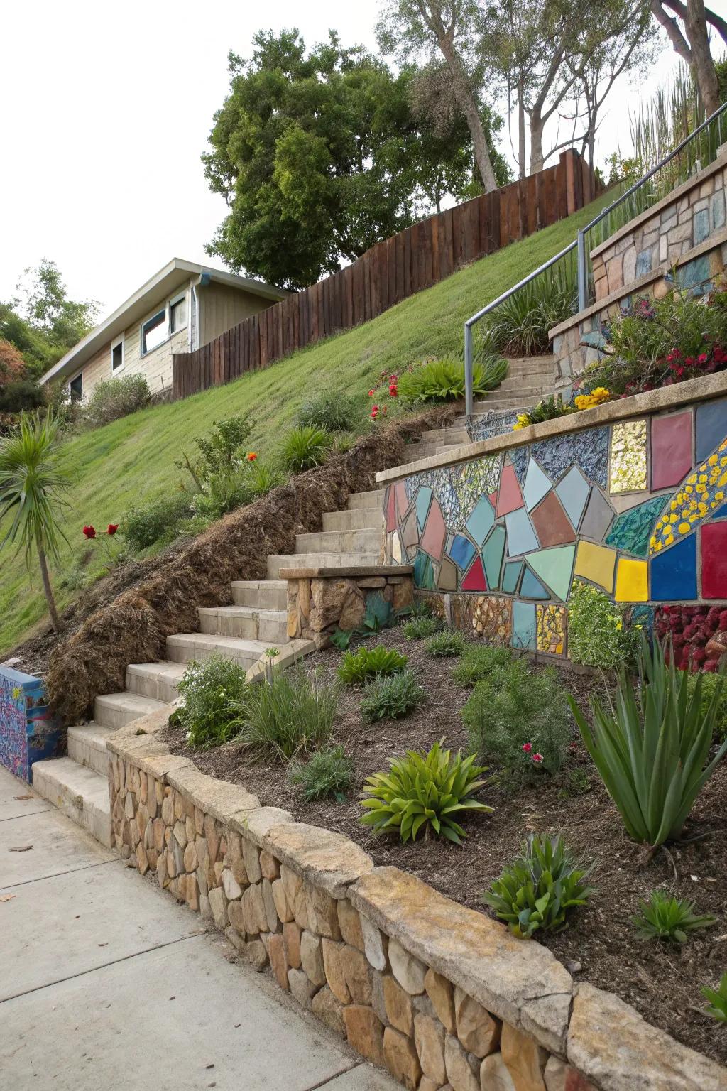 Creative support walls add personality and support to a hill.