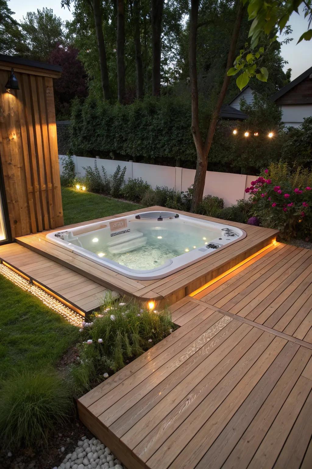 A recessed hot tub fashions a sleek and vast appearance.
