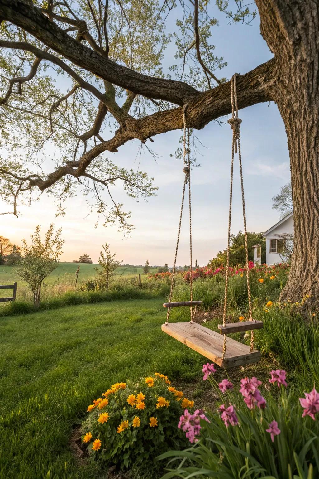 A weathered swinger brings playful charm to your outdoor haven.