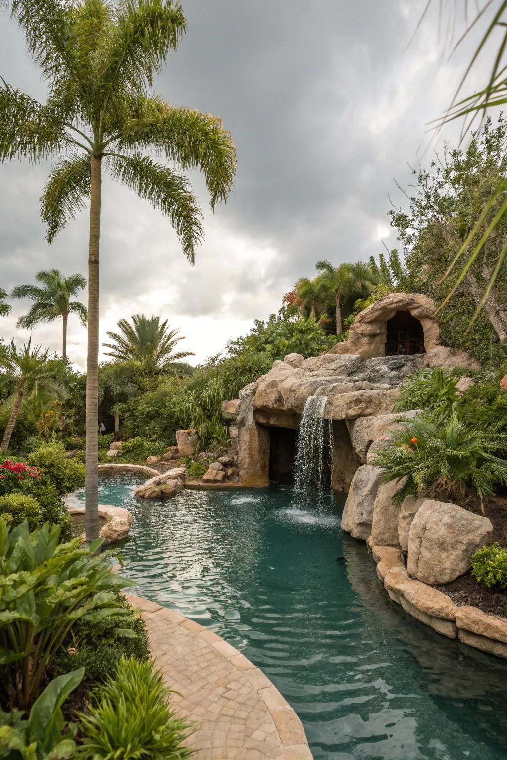A mysterious cave tucked away in a lazy river pool.