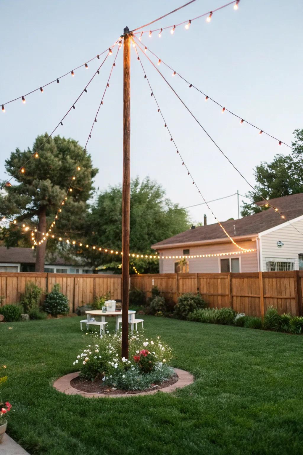 A center pole with strand lights creates a dramatic focal point.