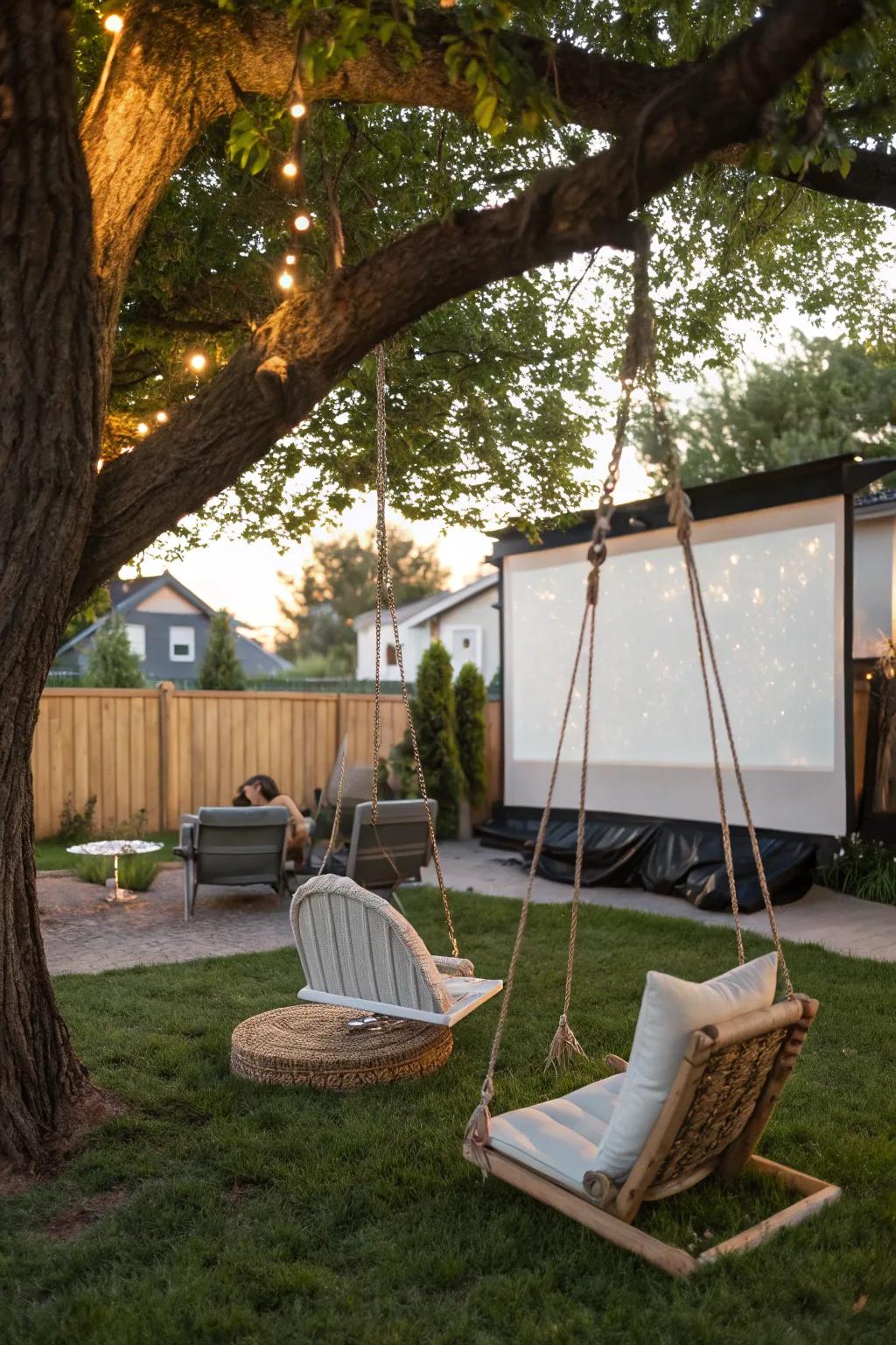 Hanging seats present a playful and relaxing seating option.