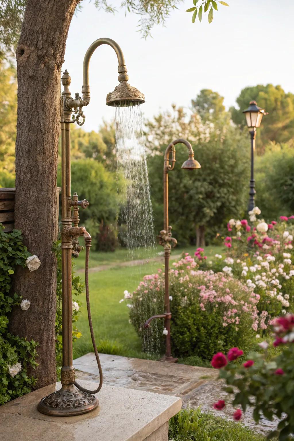 A vintage vibe outdoor shower area with timeless fittings.