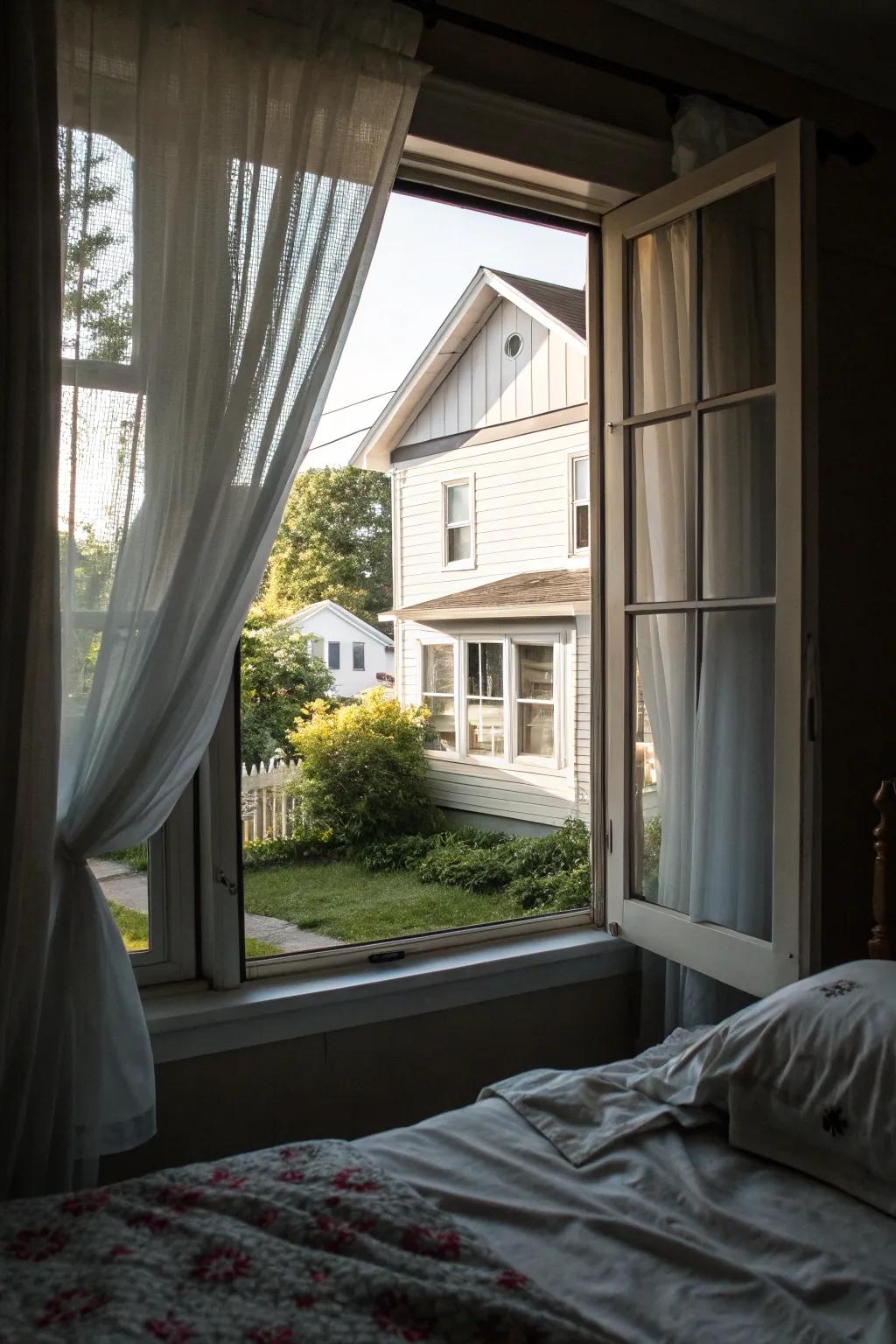 A bedroom window awkwardly positioned to look straight into a neighbor’s home.