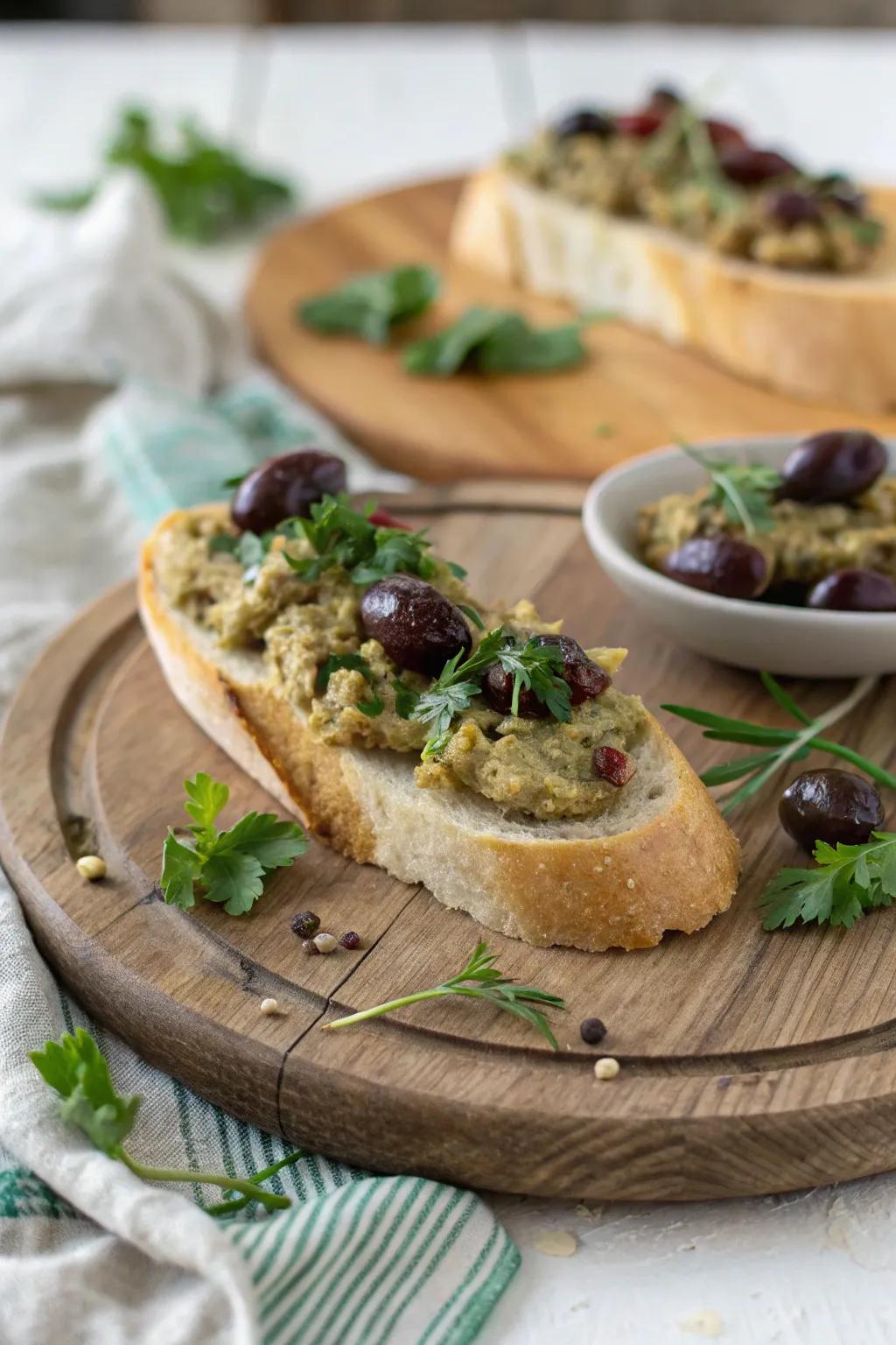 A Mediterranean-inspired French loaf with artichoke and olive spread.