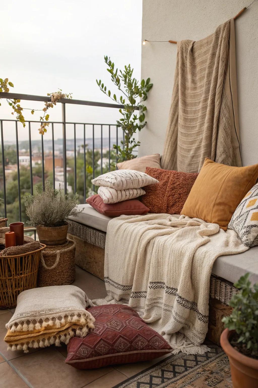 Mixing visuals adds dimension and warmth to your balcony.