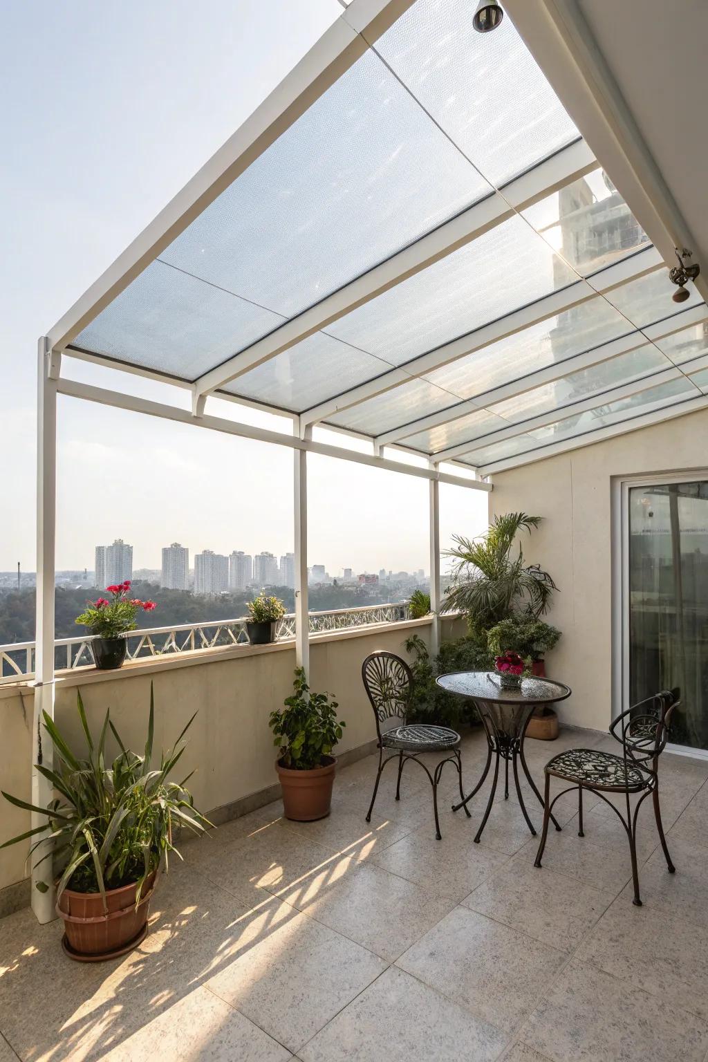A minimalist acrylic sheet roof offering shade on a balcony.