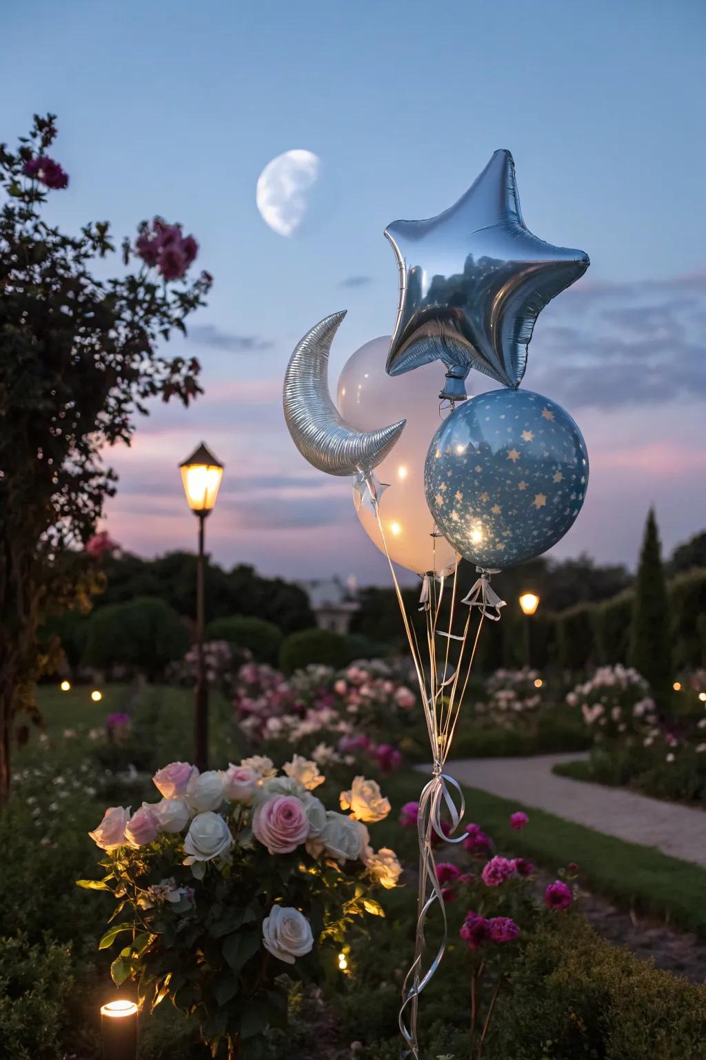 A space-themed balloon display that adds magic to evening events.