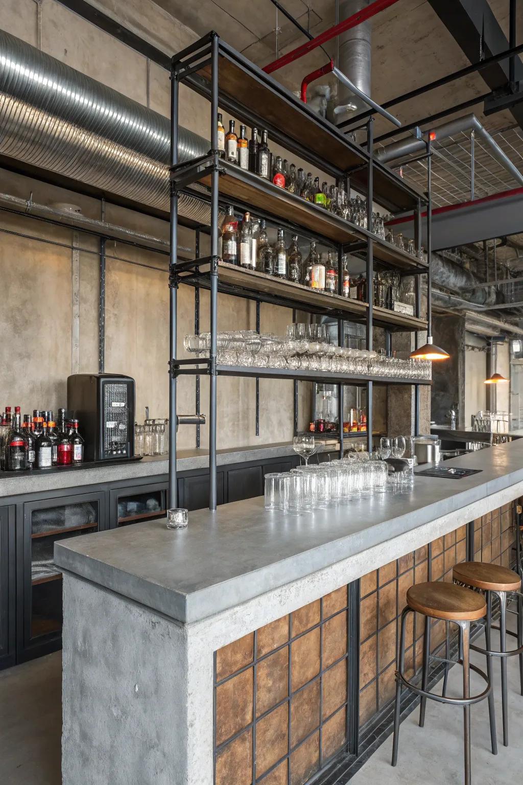 Industrial accents deliver a modern, edgy bar aesthetic.