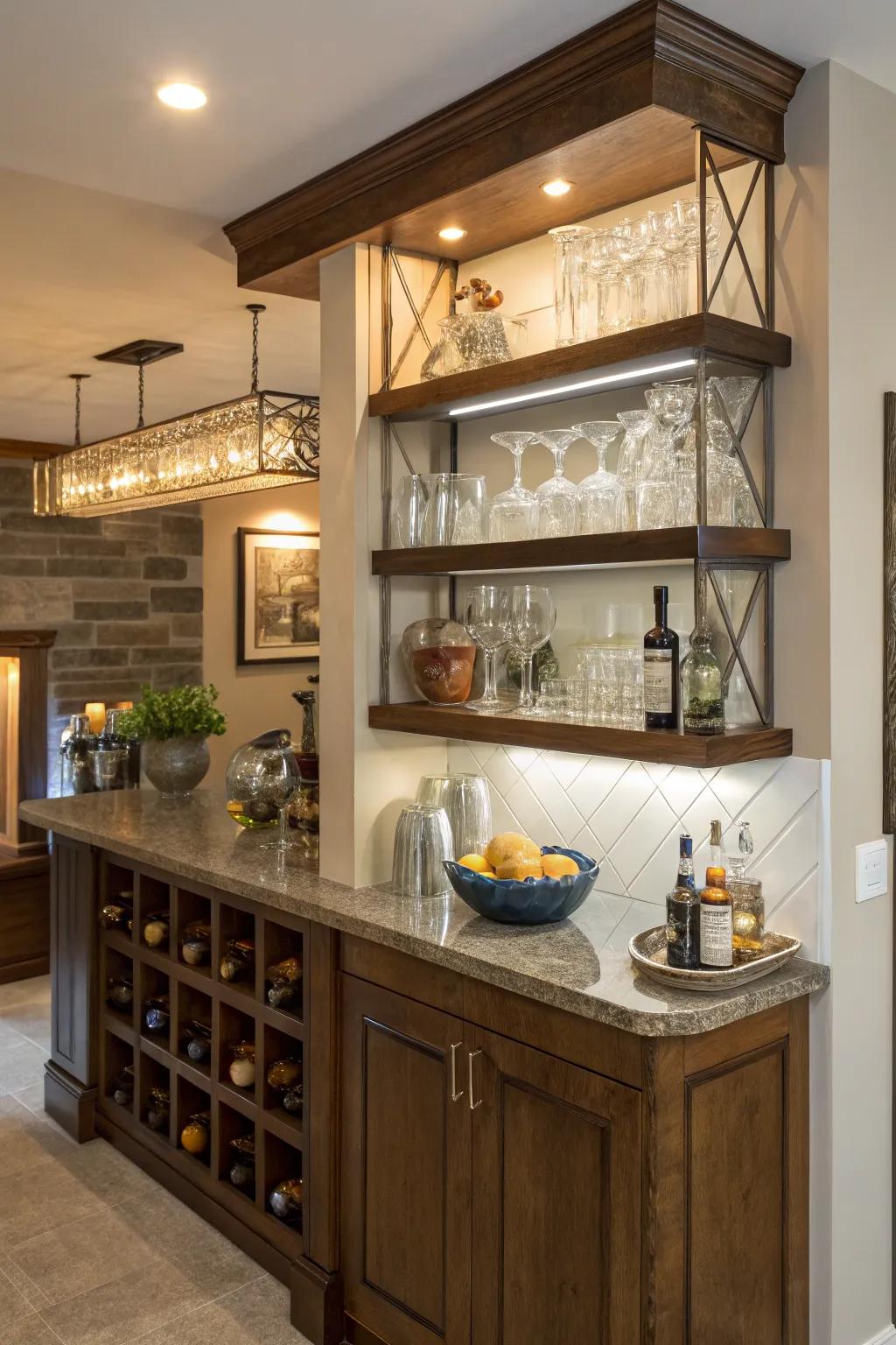 Floating corner shelves contribute dimension to your bar.