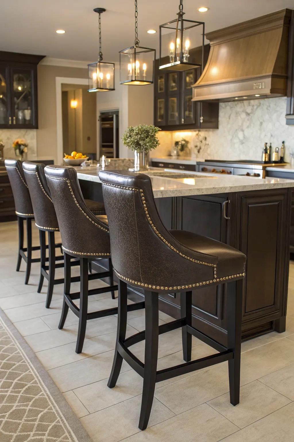 Leather bar stools featuring backs that evoke a luxurious atmosphere.