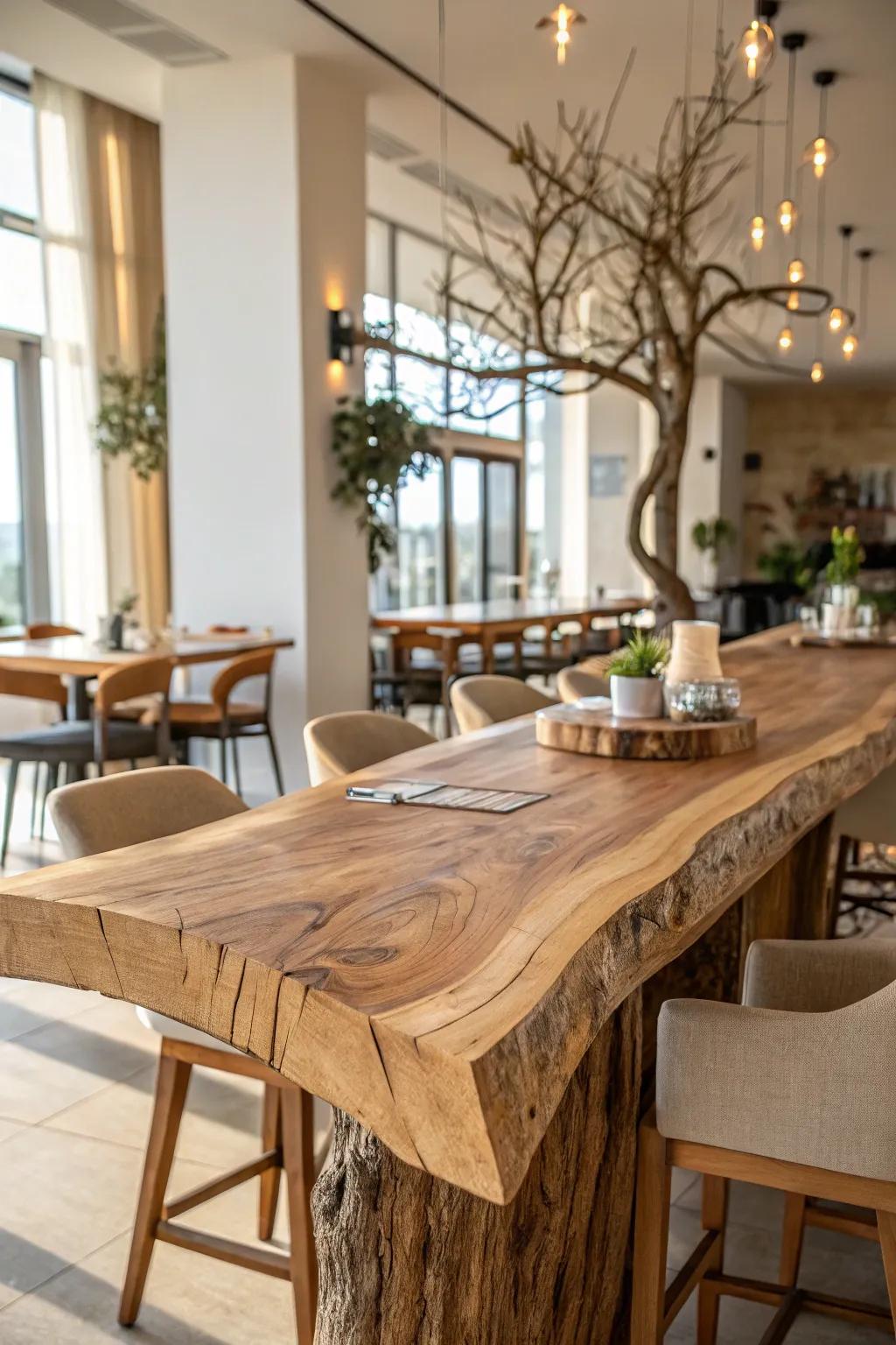 Organic beauty highlighted by a natural wood bar table.