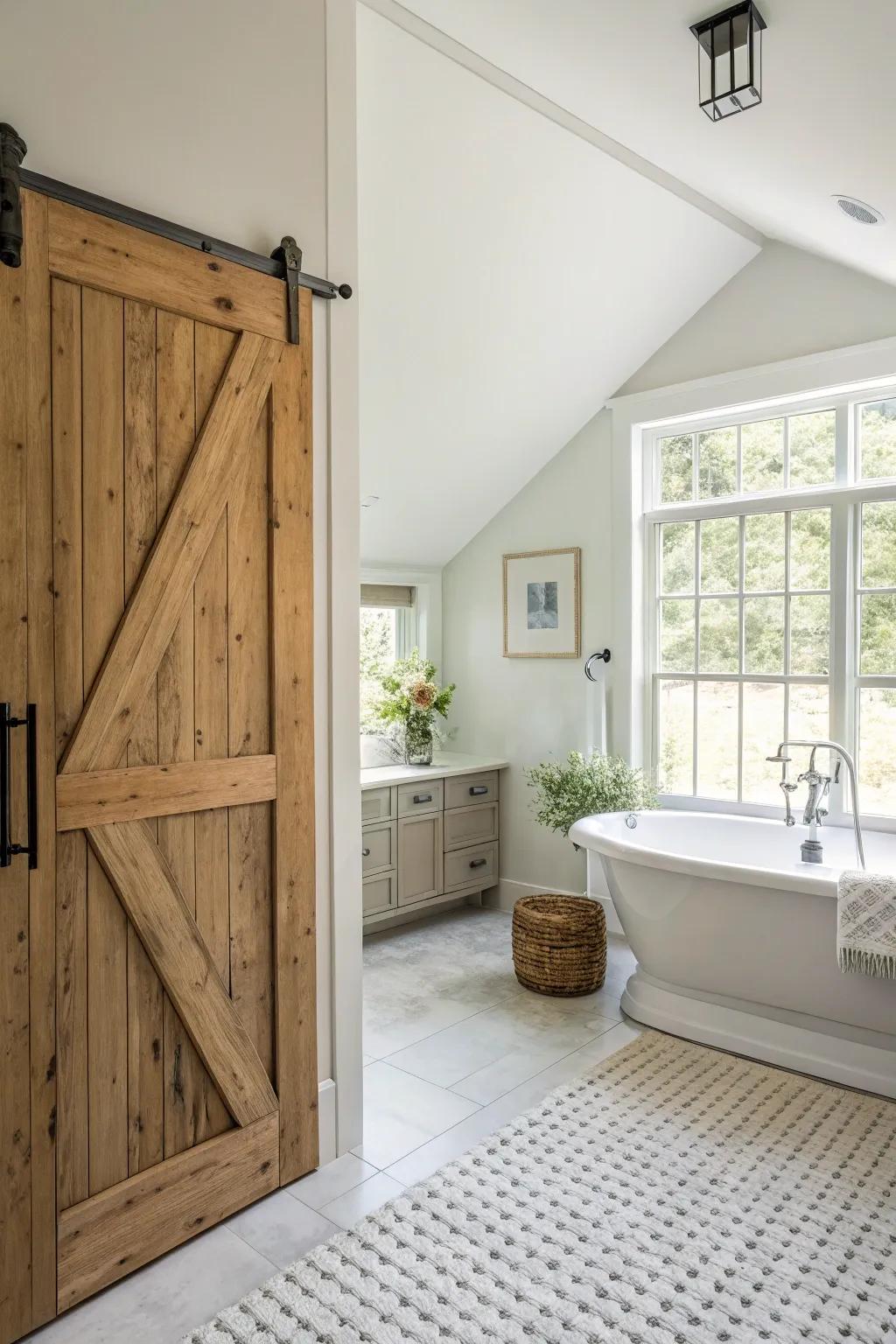 A barn door design that maximizes natural light brightens the bathroom.