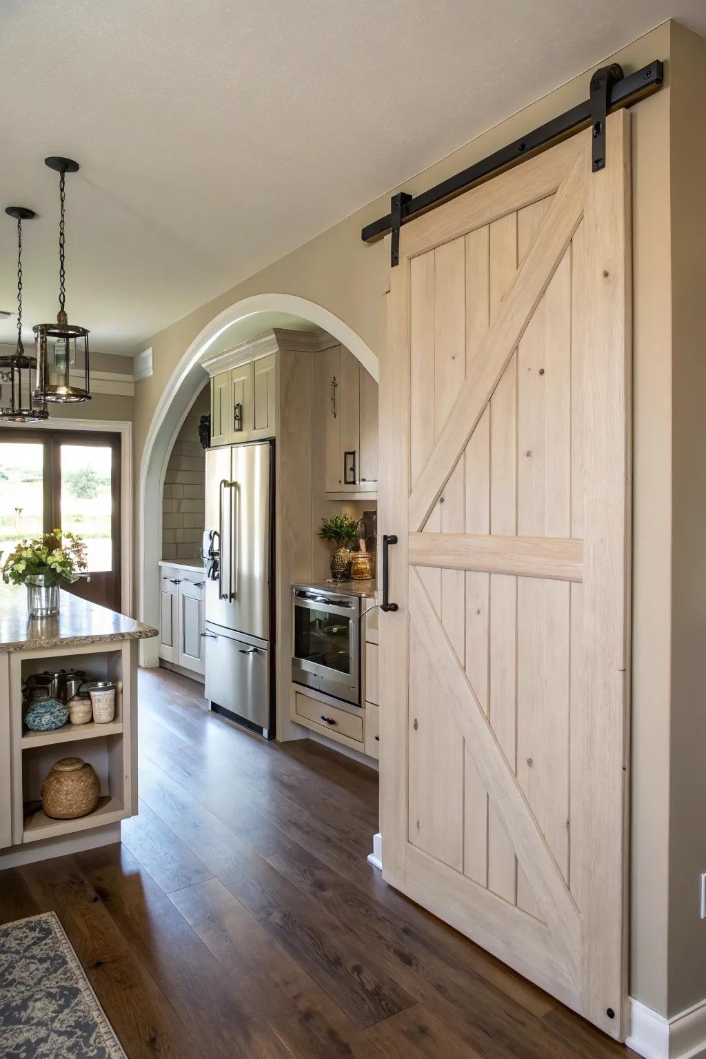 A kitchen featuring an arched sliding barn door pantry.