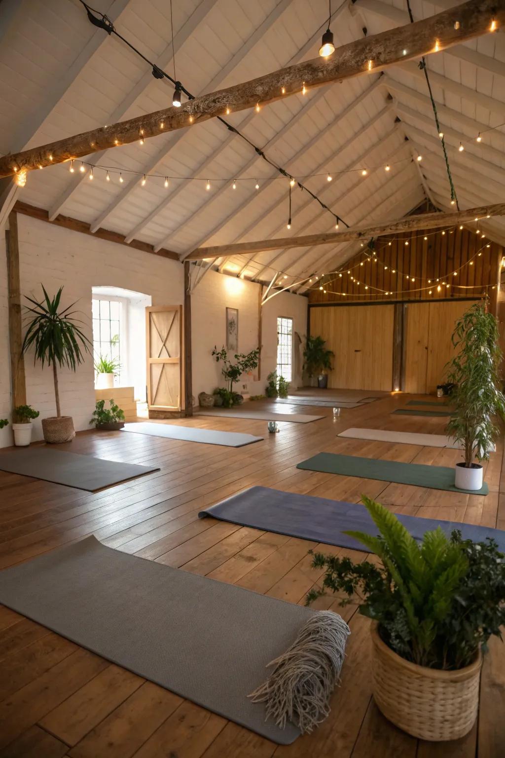 A barn relaxation area offers a peaceful space for relaxation and exercise.