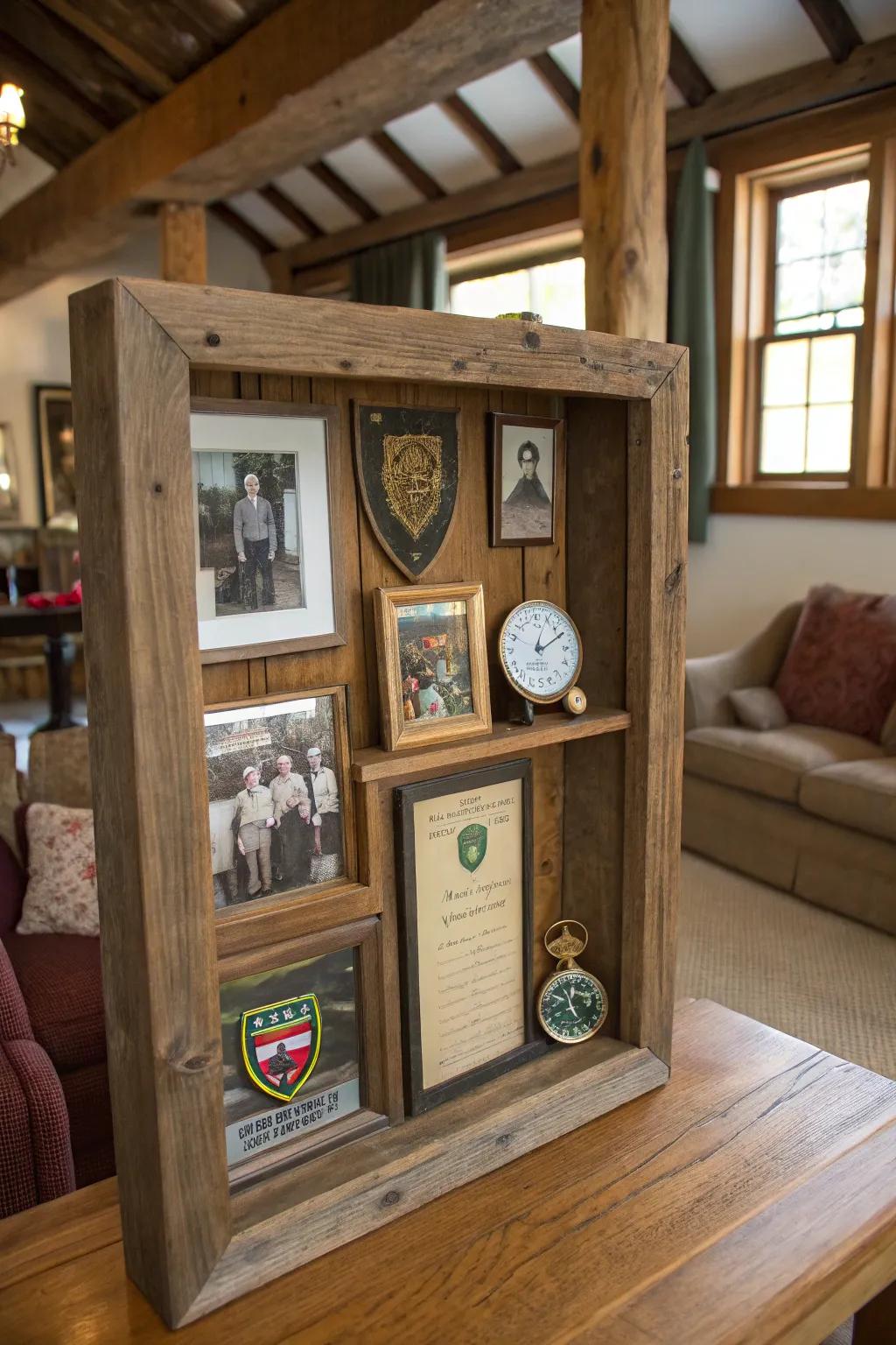 Reclaimed wood display case frame for cherished mementos.