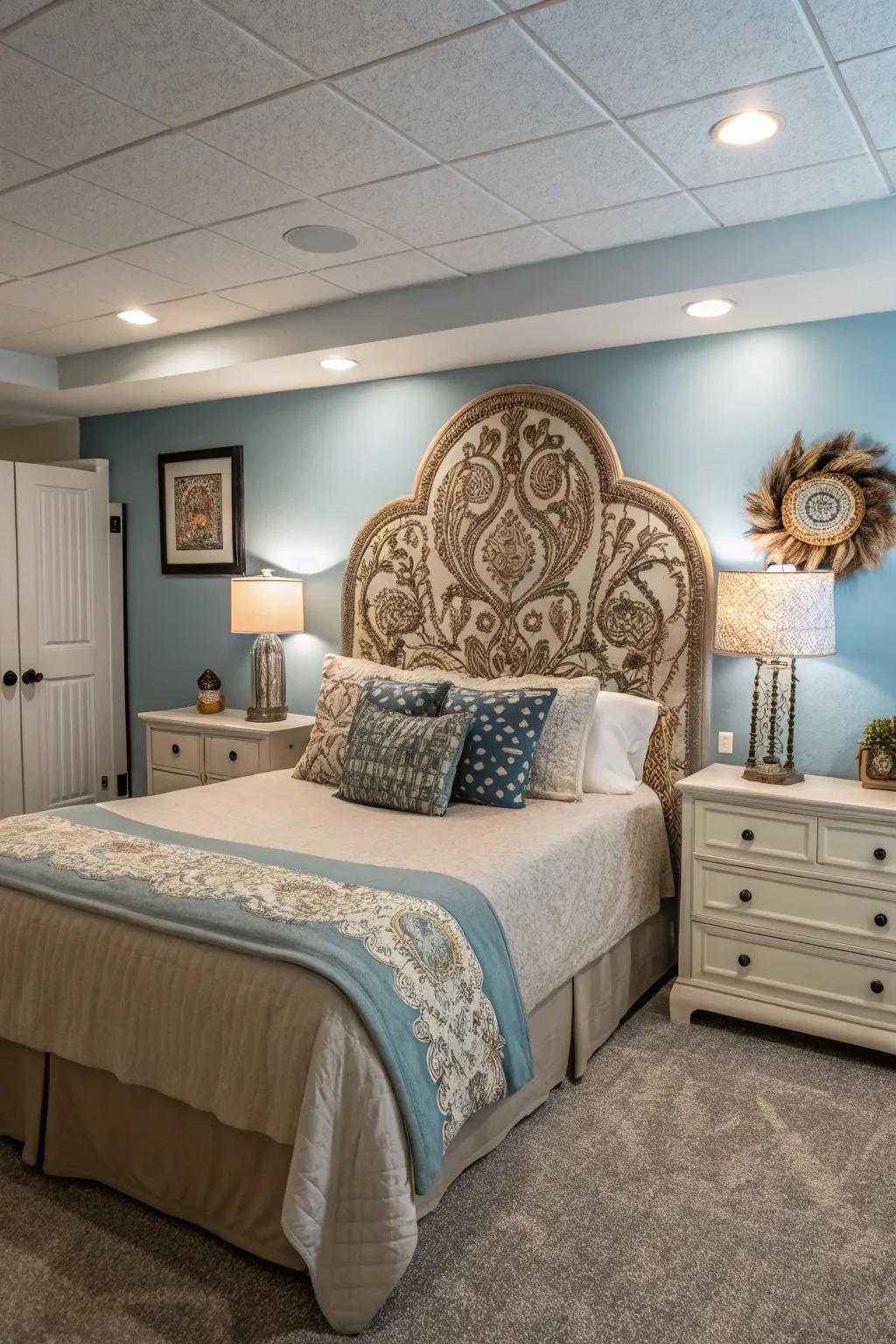 An artistic headboard can serve as a stylish and functional centerpiece.