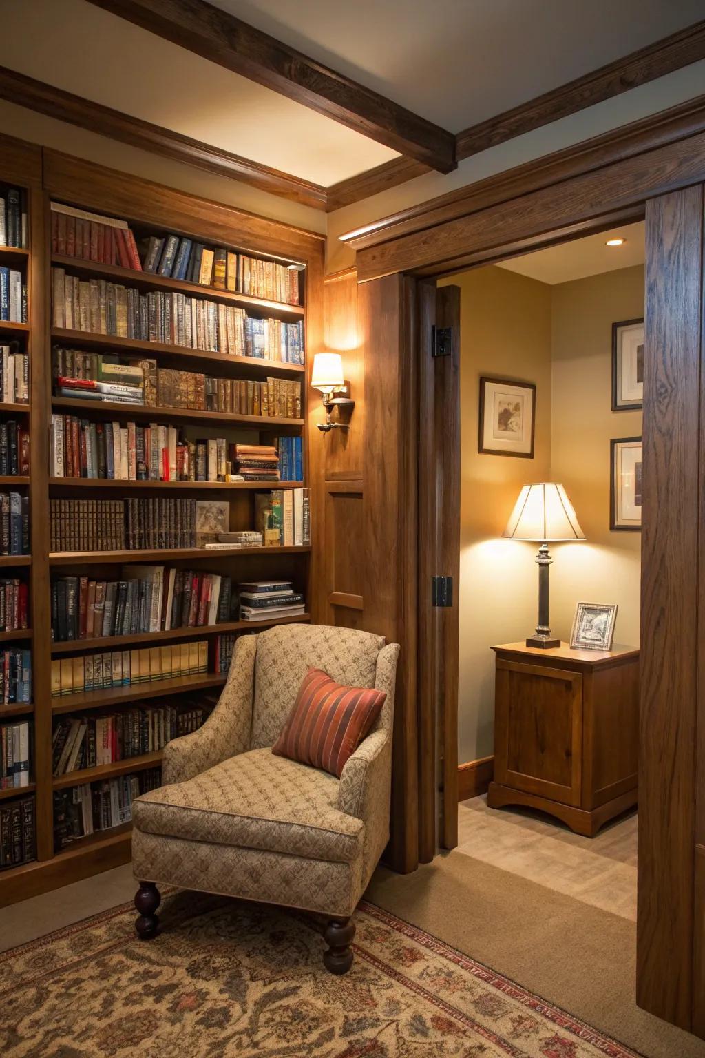A secret door disguised as a bookshelf adds charm and intrigue.