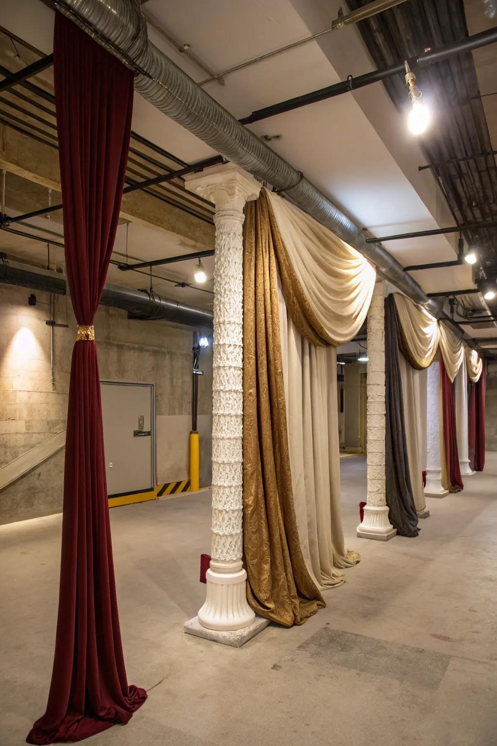 Fabrics add softness and luxury to basement poles.