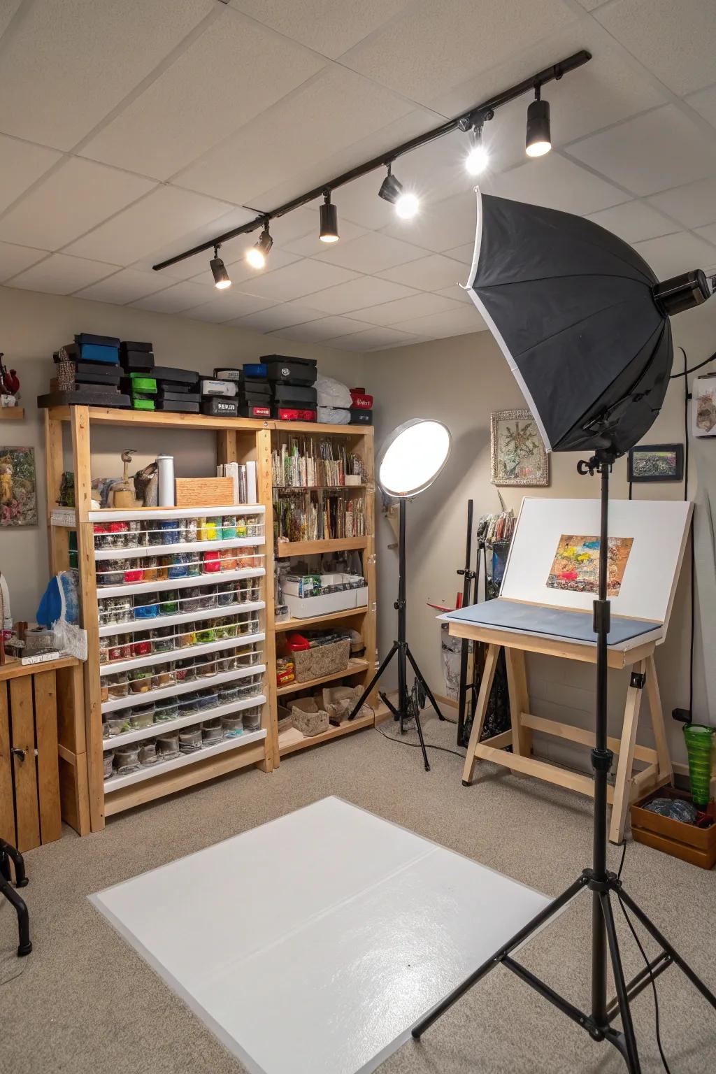 A creative studio situated in the basement featuring ample storage and flexible lighting for artistic projects.
