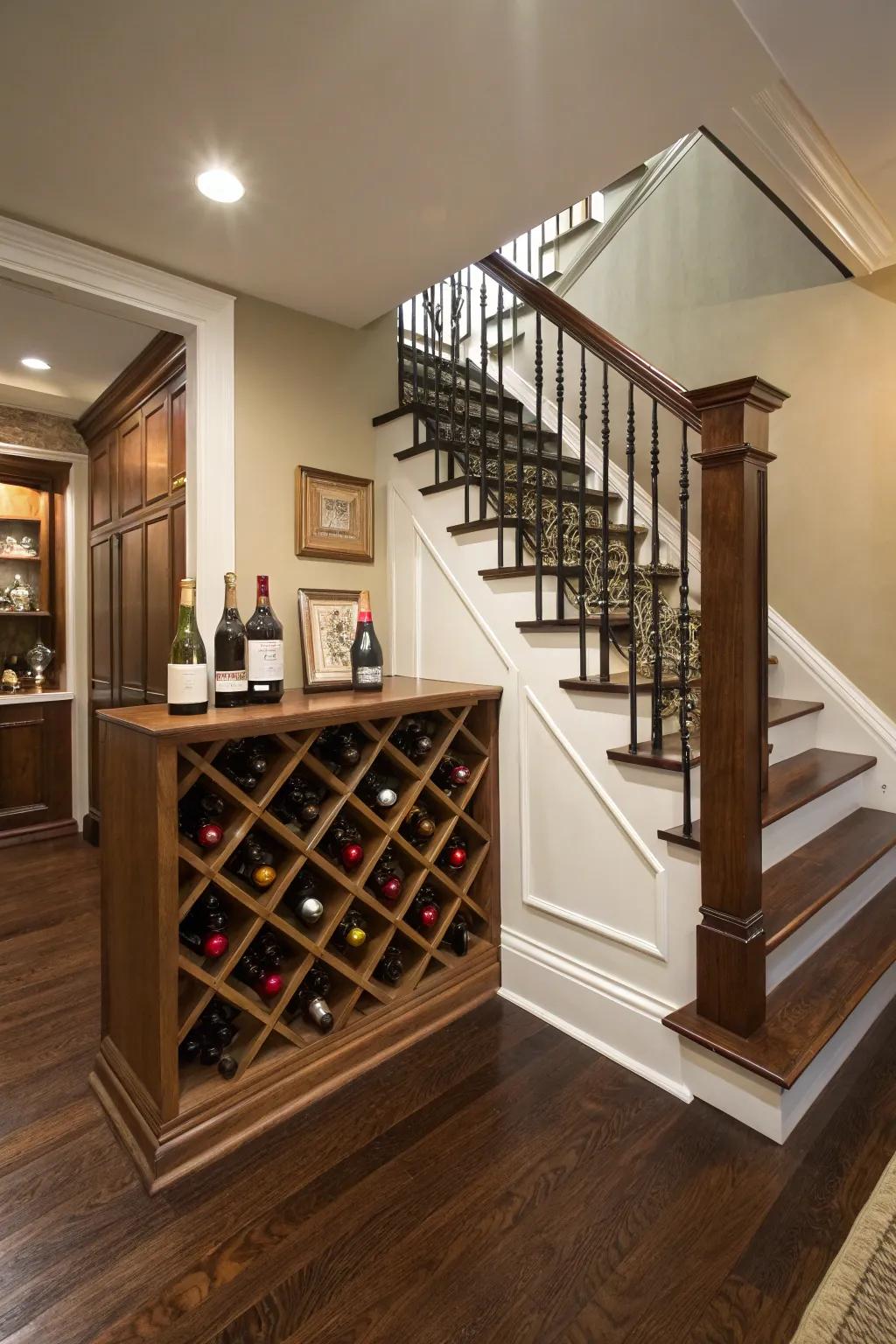 Wine storage under the stairs adds a hint of elegance and functionality.