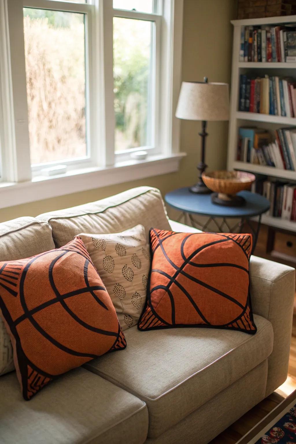 Basketball-themed pillows inject comfort and panache.