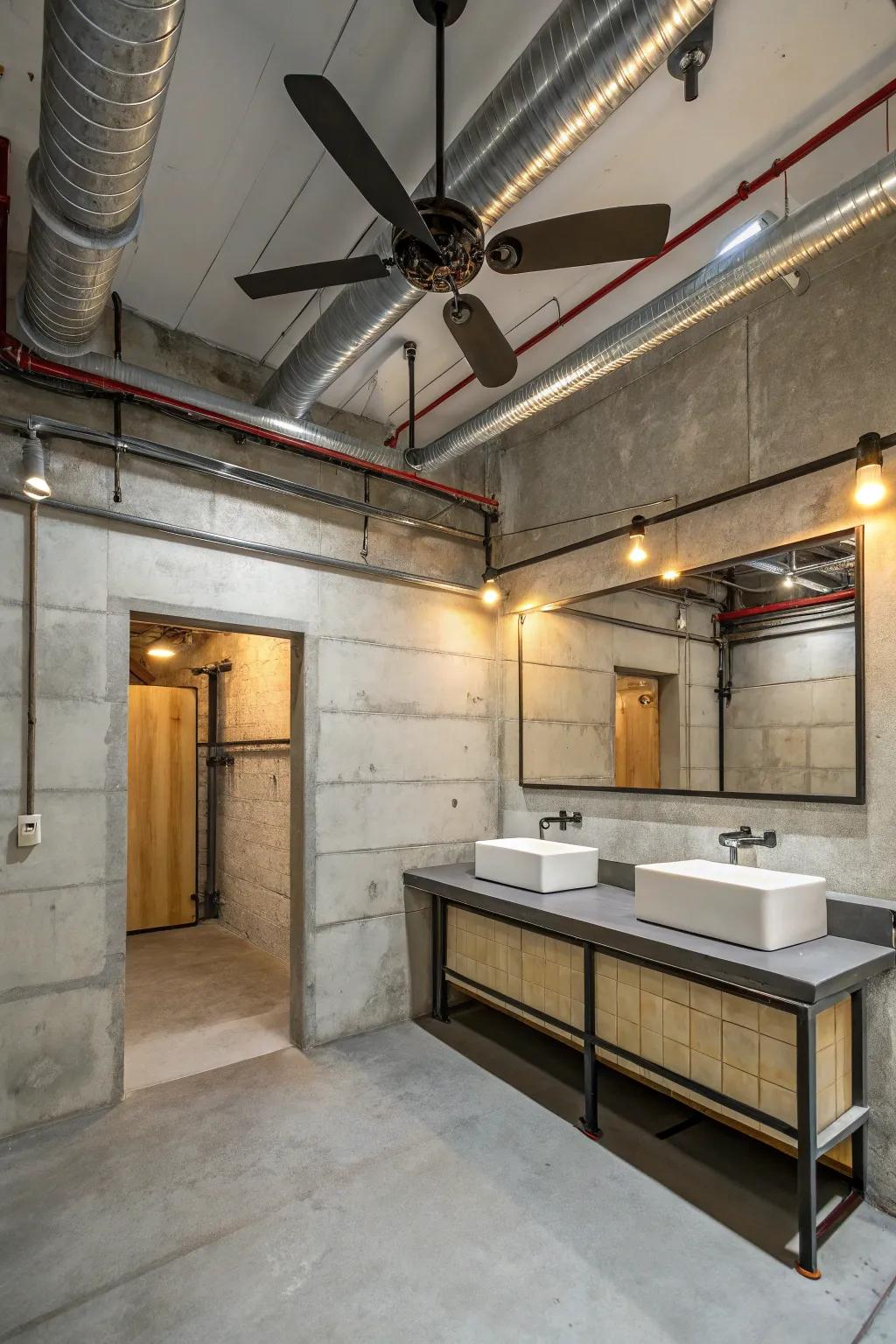 An industrial-style bathroom showcasing a fan featuring metal elements.
