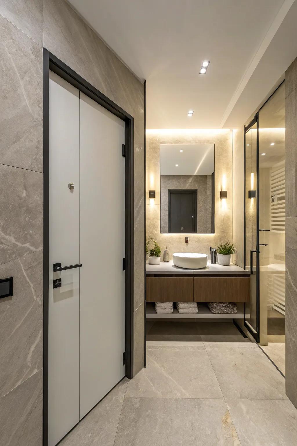 A seamless and intriguing design is provided by hidden panels.