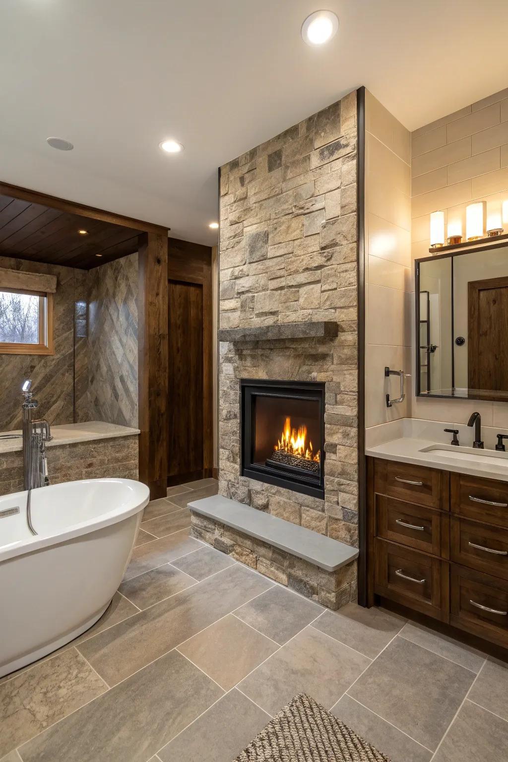 Hearth cleverly utilized as a area divider.