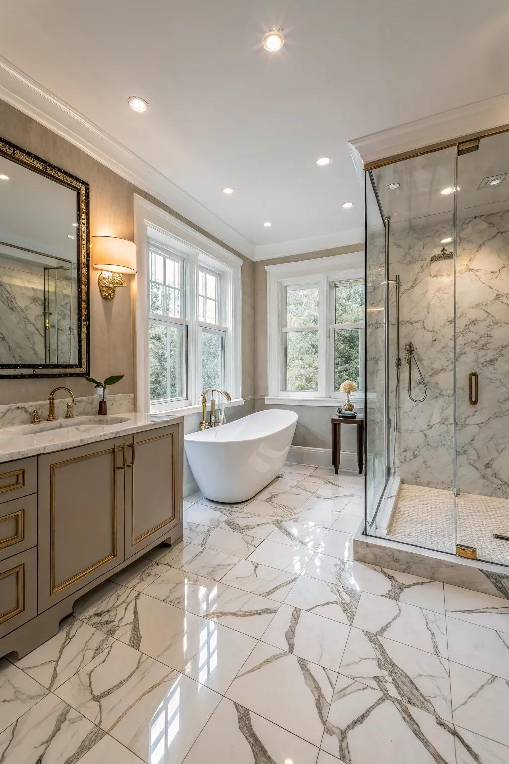 Marble-inspired tiles offer effortless luxury.