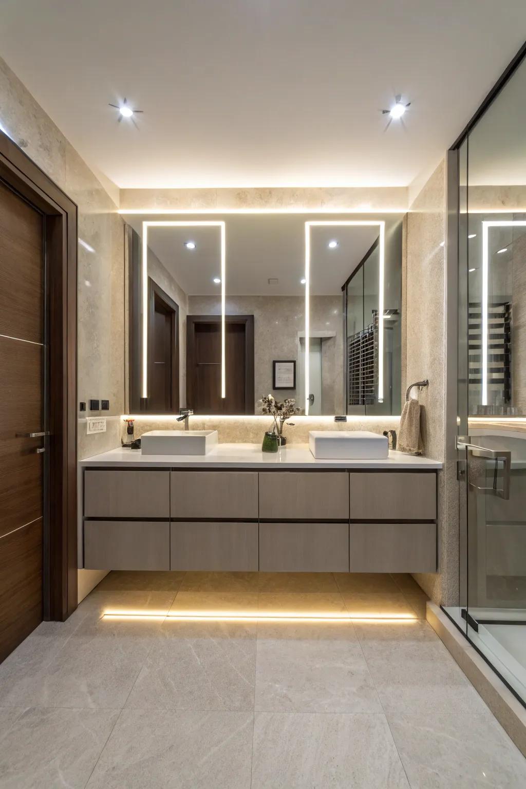 High-tech illumination offers adaptable ambiance command for your bathroom.