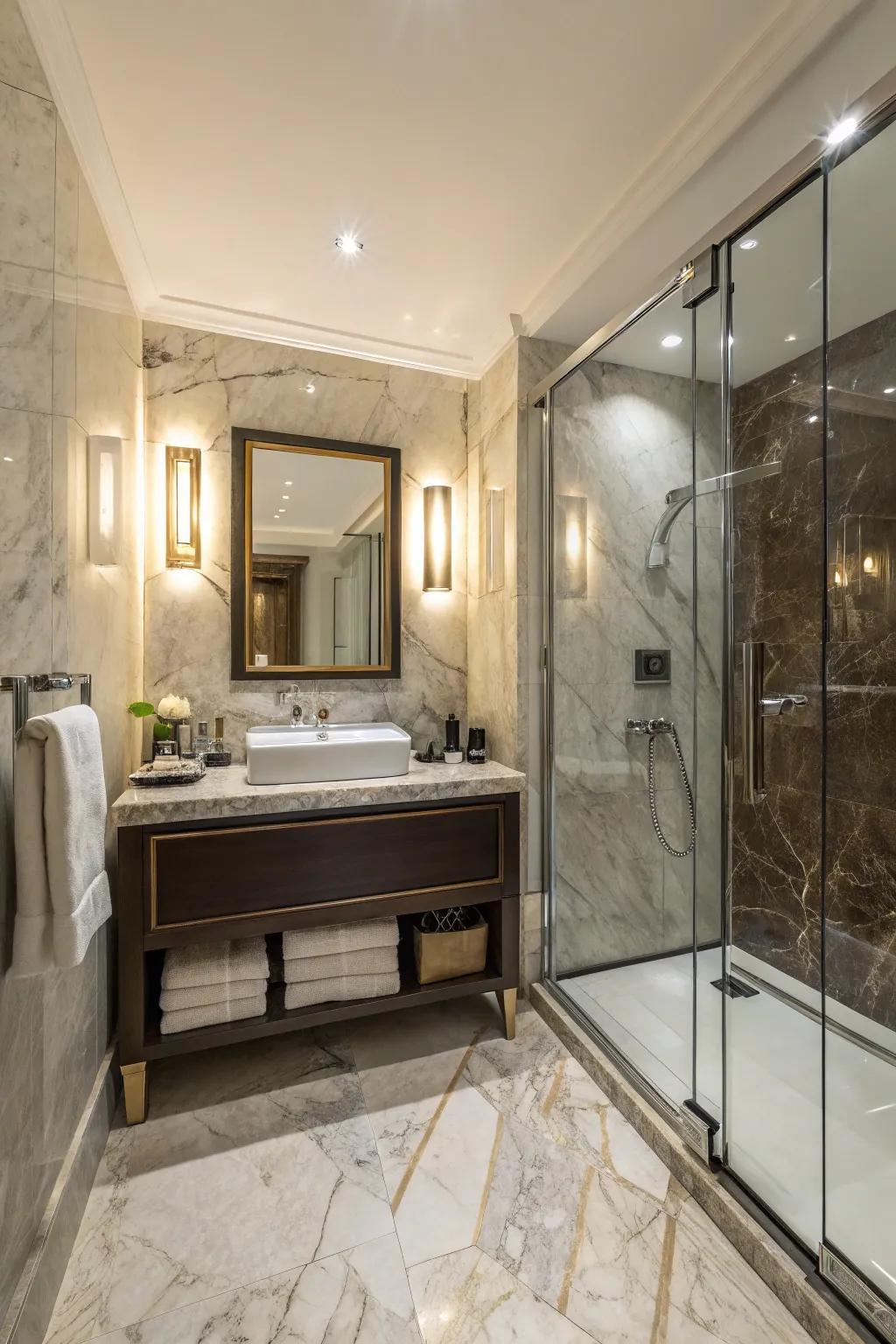 A compact bathroom design emanates luxury and sophistication.