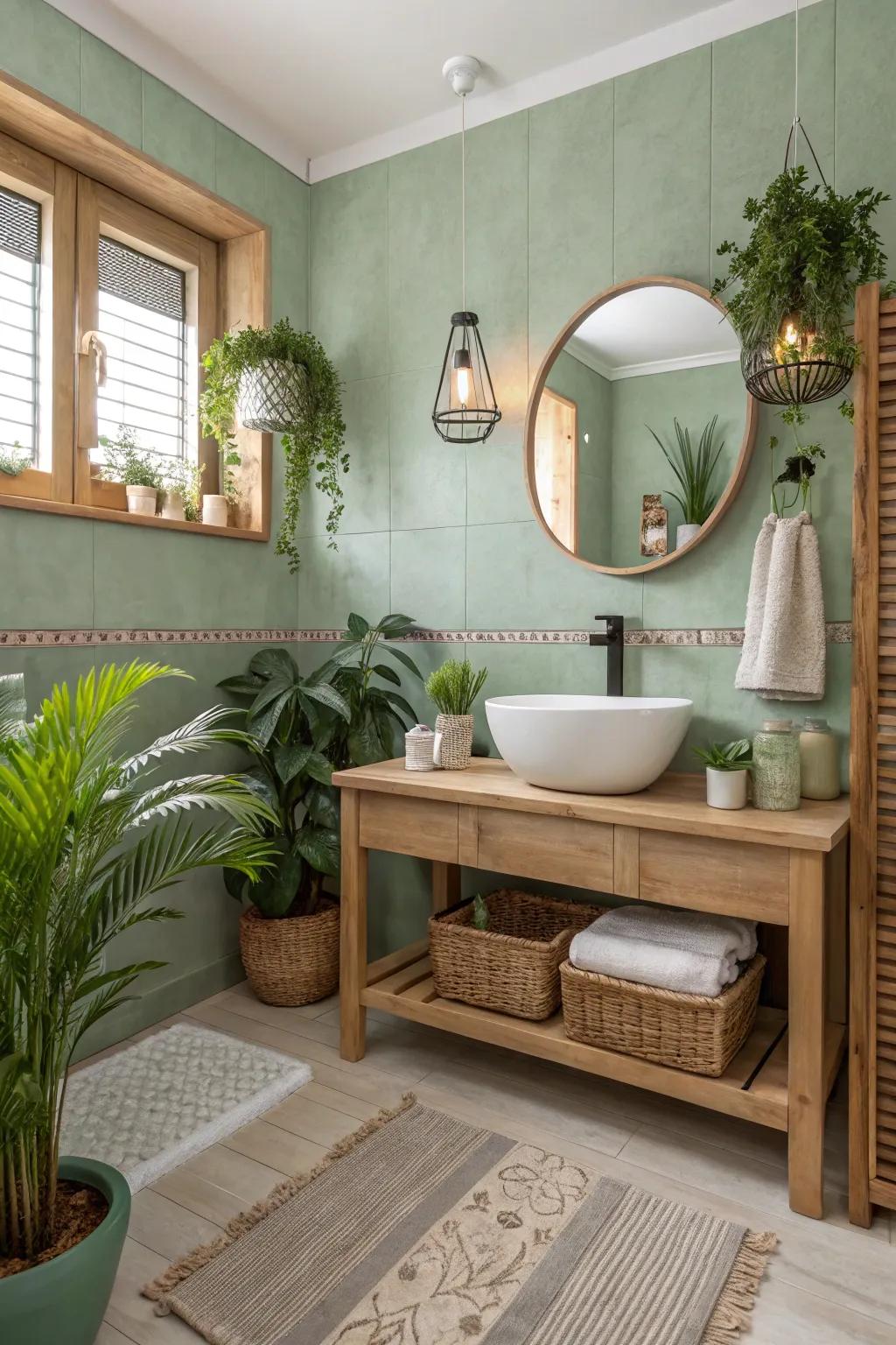 Soft moss walls create a soothing and natural bathroom environment.