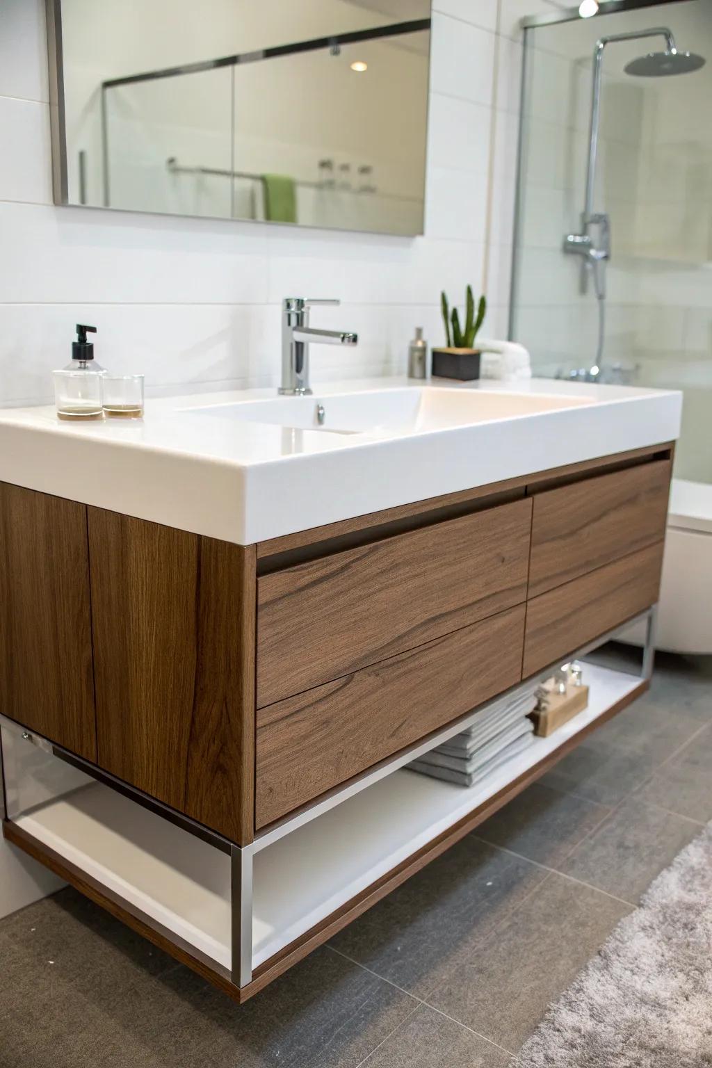 A floating vanity promotes an airy, modern feel.