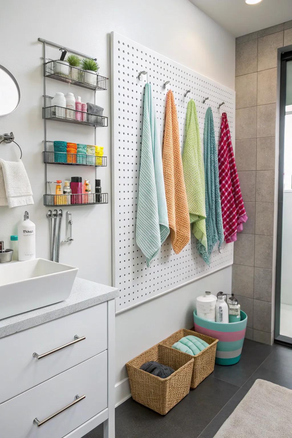Pegboards deliver adjustable and flexible towel keeping.