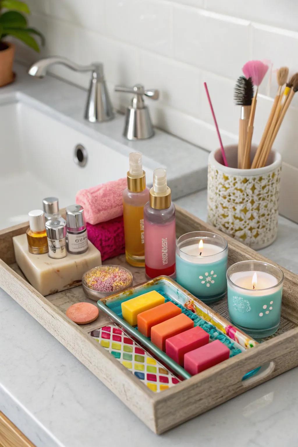 A burst of hue can invigorate a neutral bathroom setting.