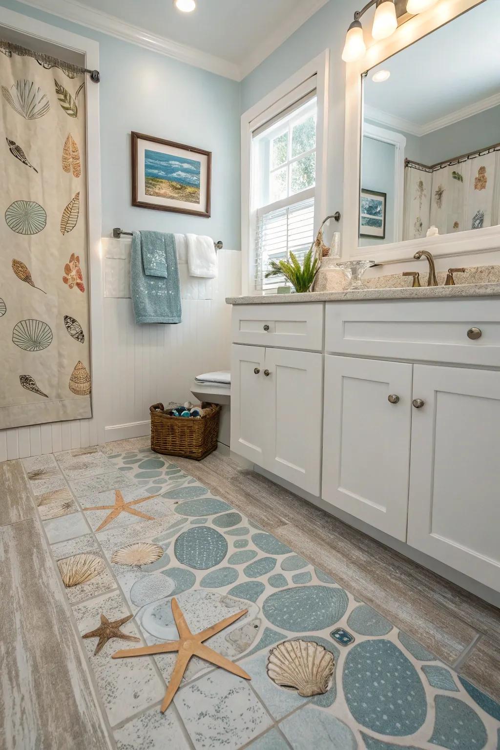 Resilient flooring with a coastal theme creates a breezy, beachy atmosphere in this bathroom.