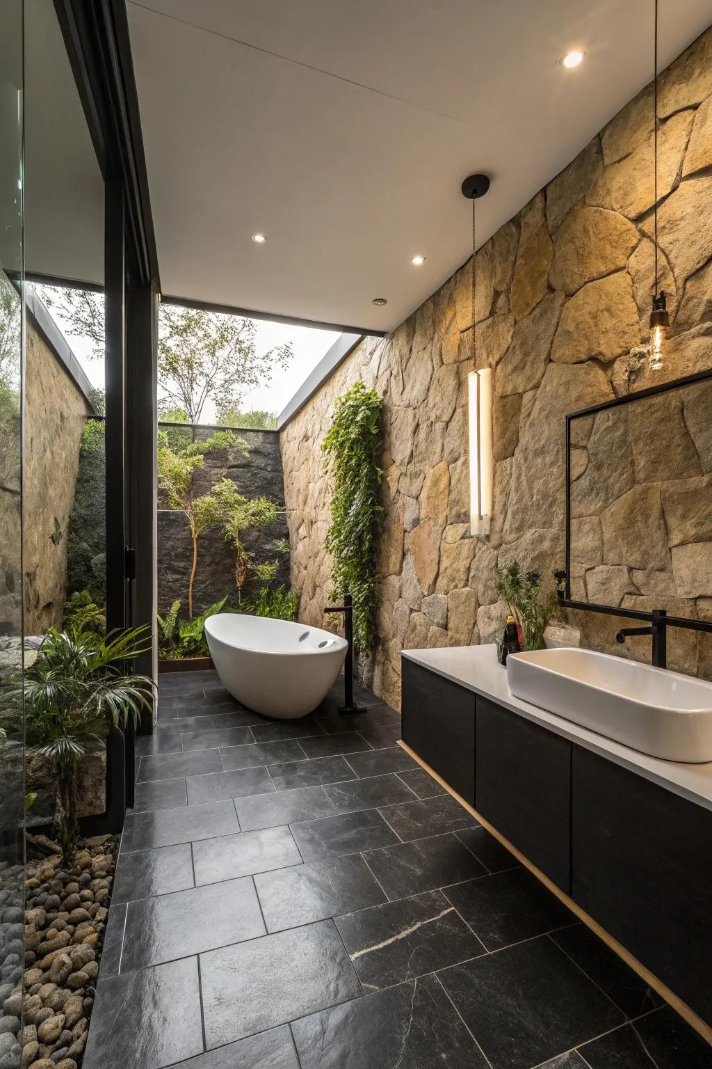 Natural rock textures add elegance to the modern black floor.