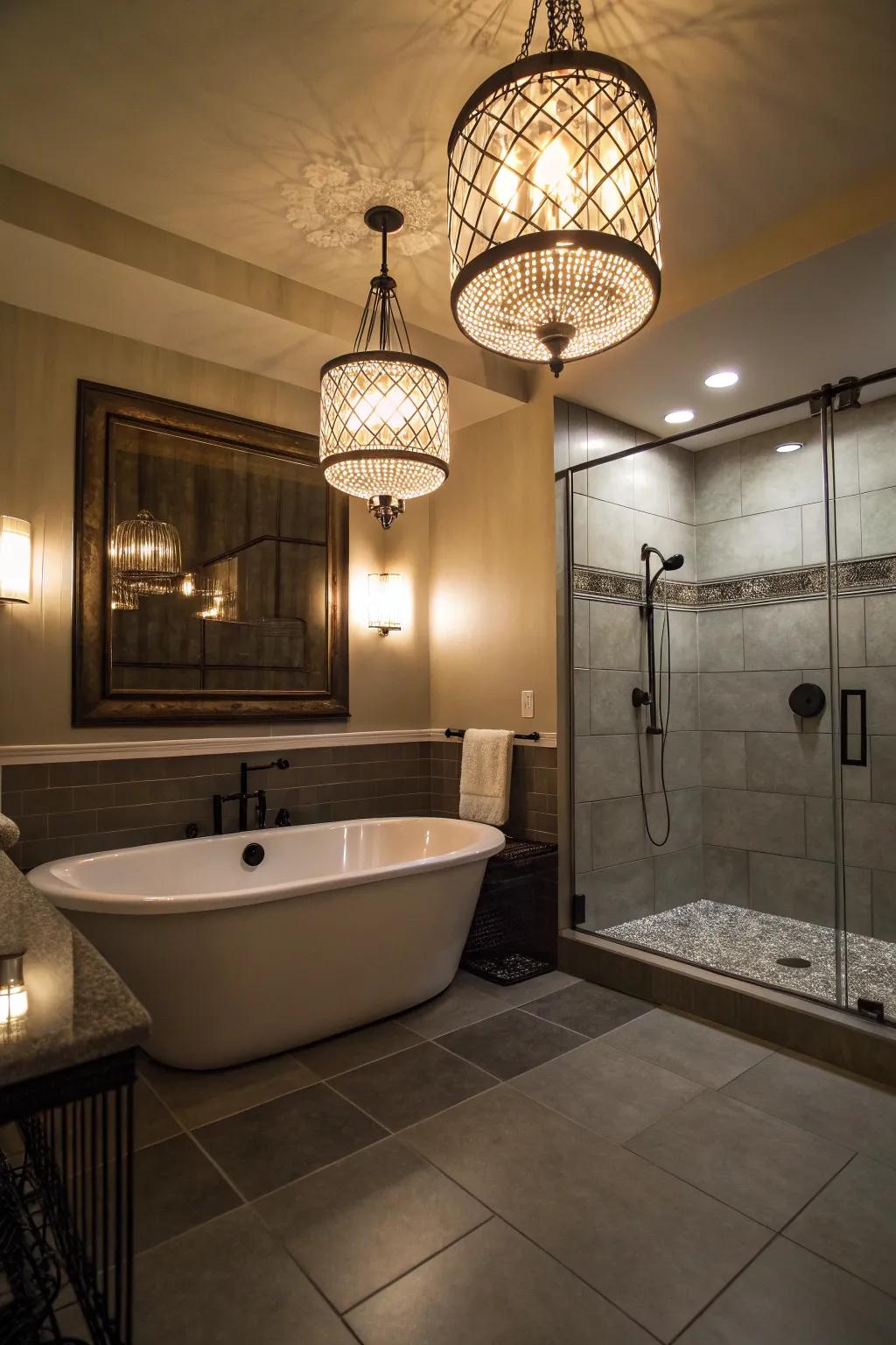 Eye-catching lighting generating a remarkable atmosphere within the bathroom.
