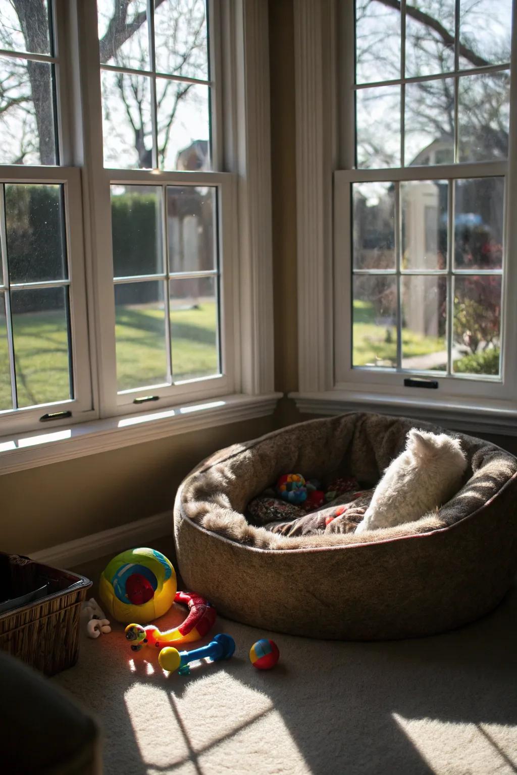Establish a sunny hideaway for your pet inside the bay window.